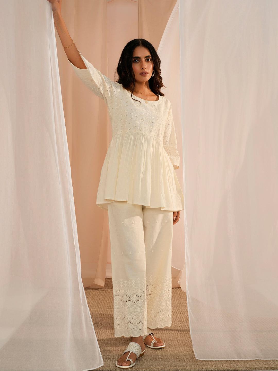 Off White Embroidered Cotton A-Line Kurti - Libas 