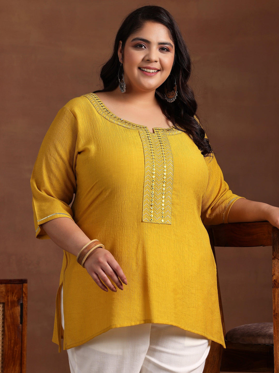 Plus Size Mustard Woven Design Cotton Blend Straight Kurti - Libas