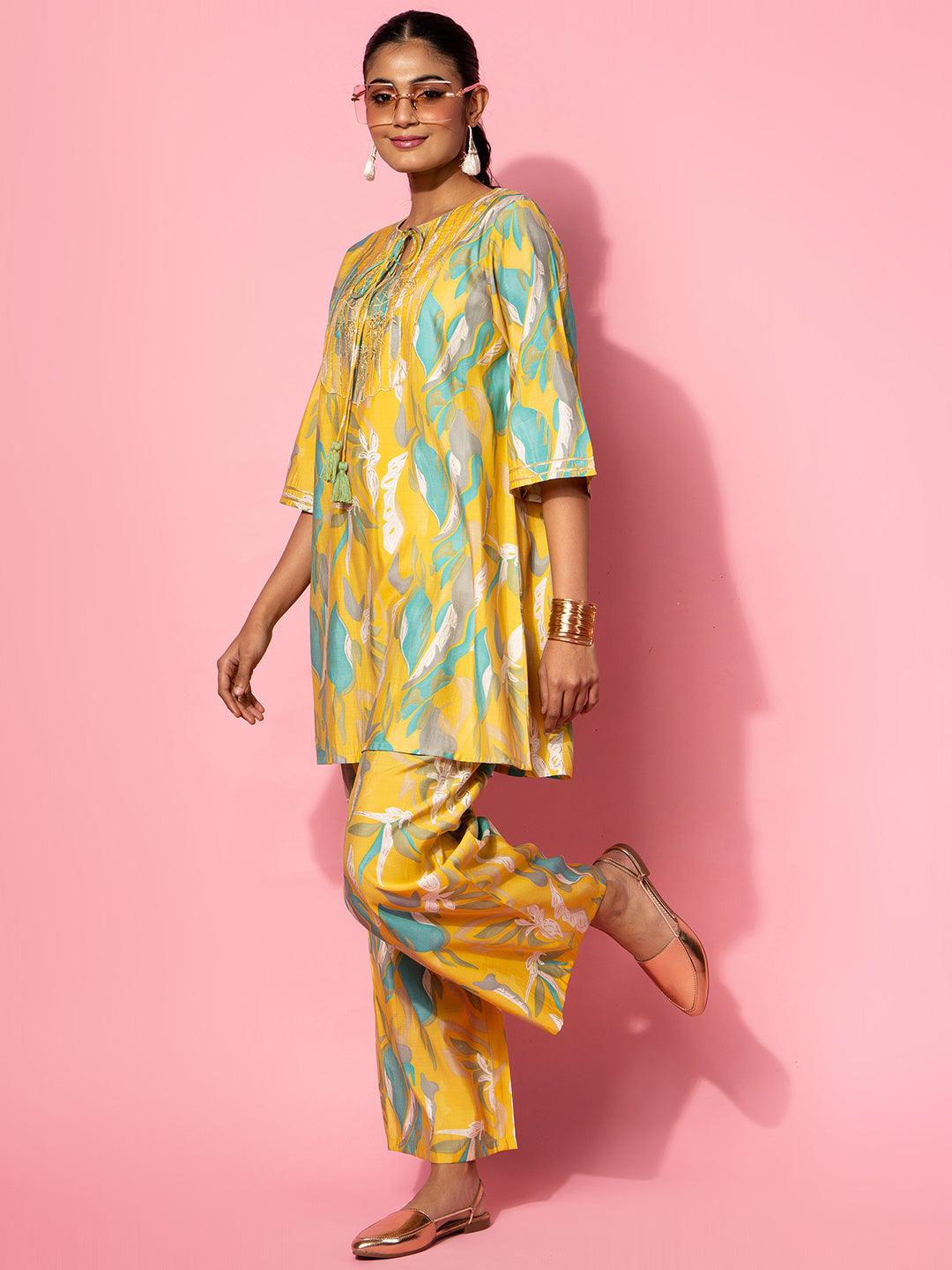 Mustard Printed Silk Blend Co-Ords - Libas