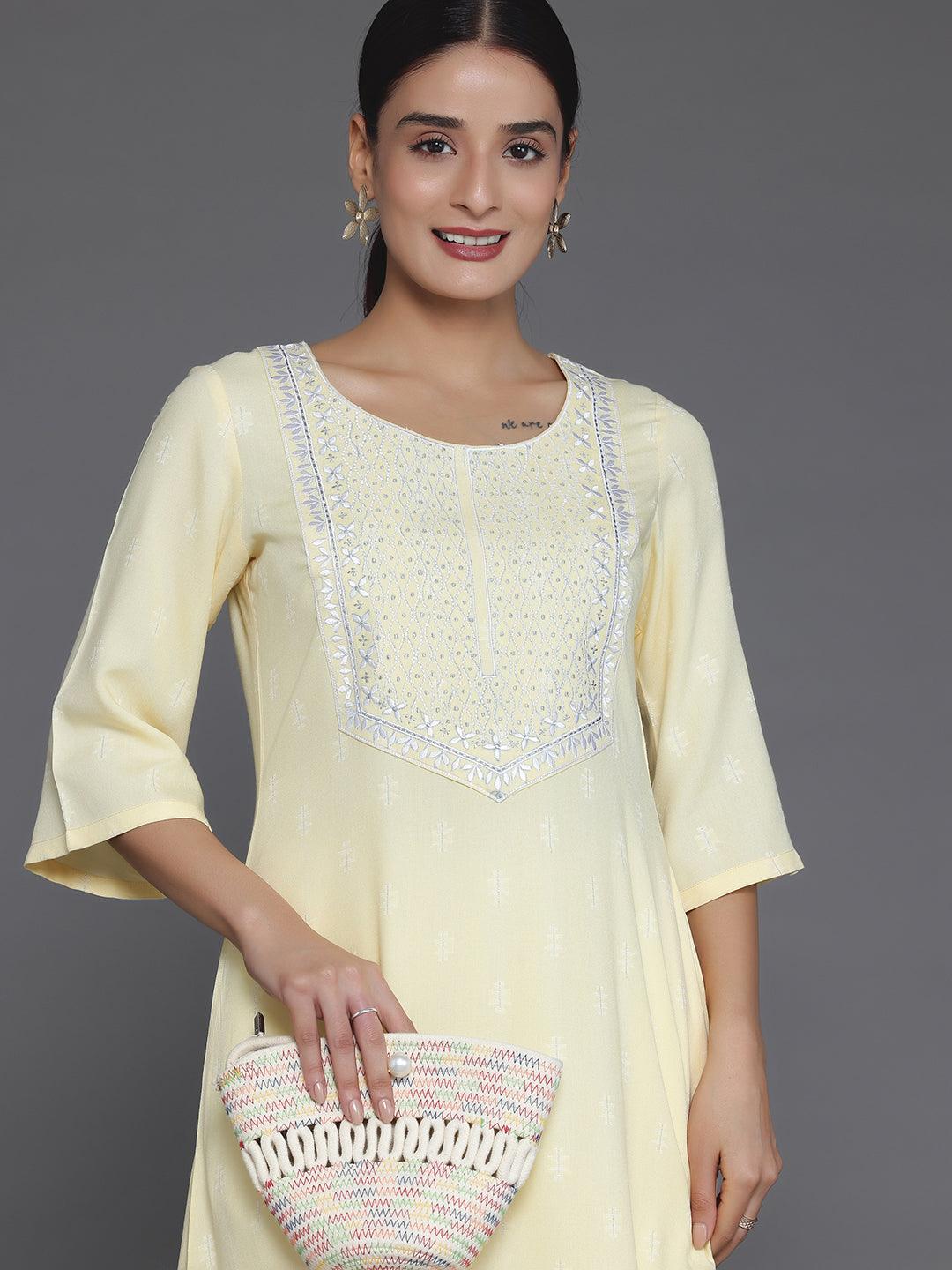 Yellow Woven Design Rayon Straight Kurta - Libas