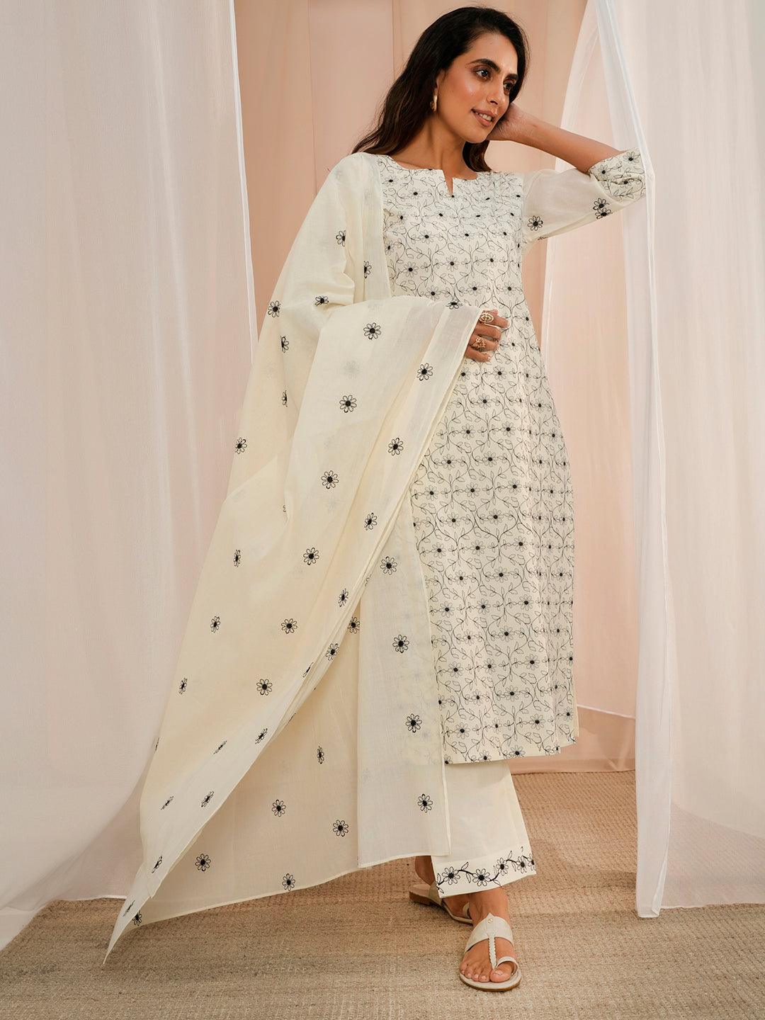 Off White Embroidered Cotton Straight Suit With Dupatta - Libas 