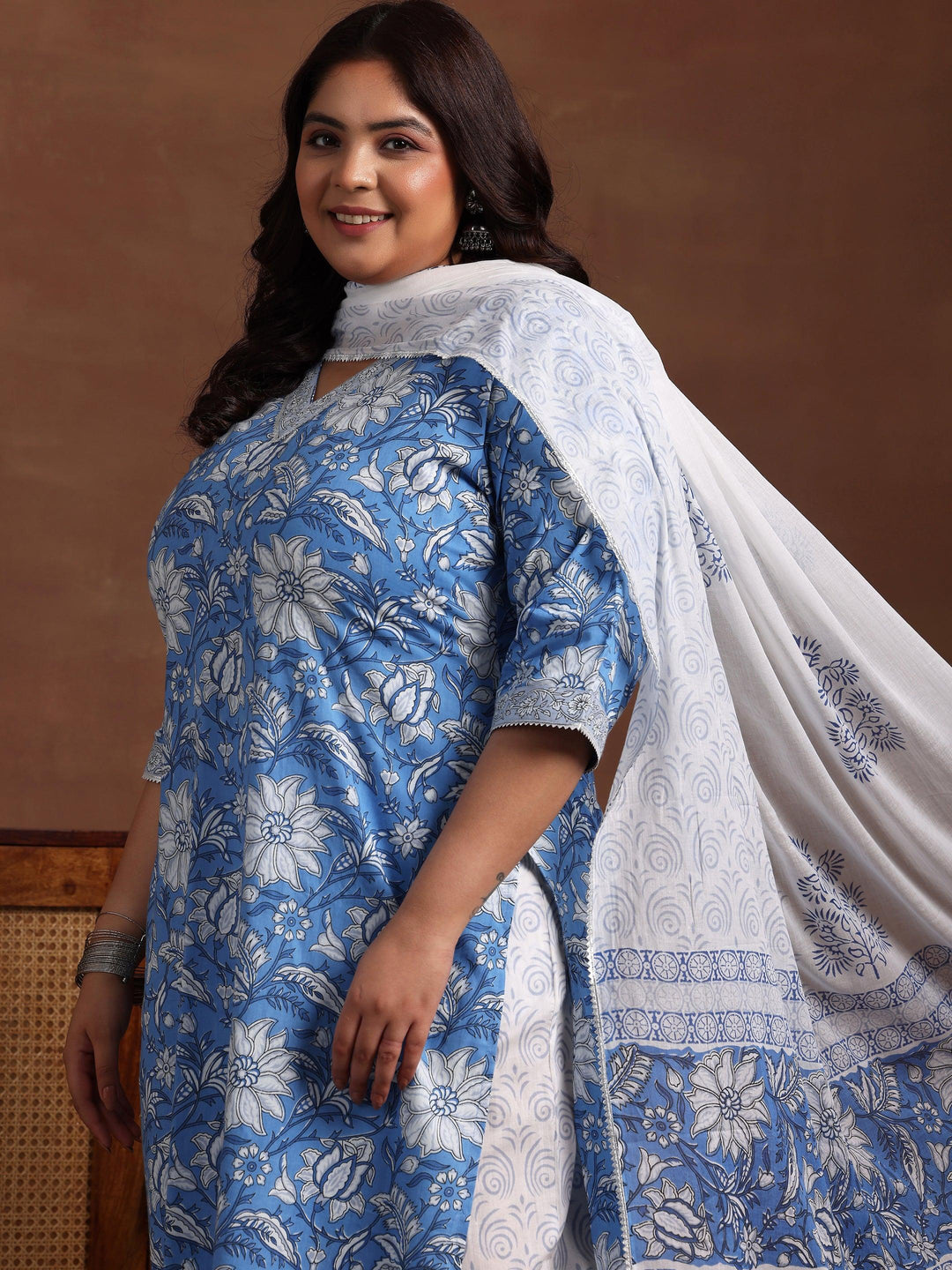 Plus Size Blue Printed Cotton Straight Suit With Dupatta - Libas 