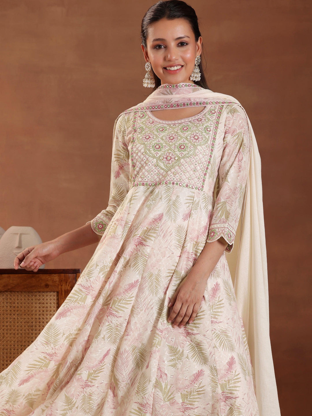 Pink Embroidered Pure Cotton A-line Kurta With Sharara & Dupatta - Libas