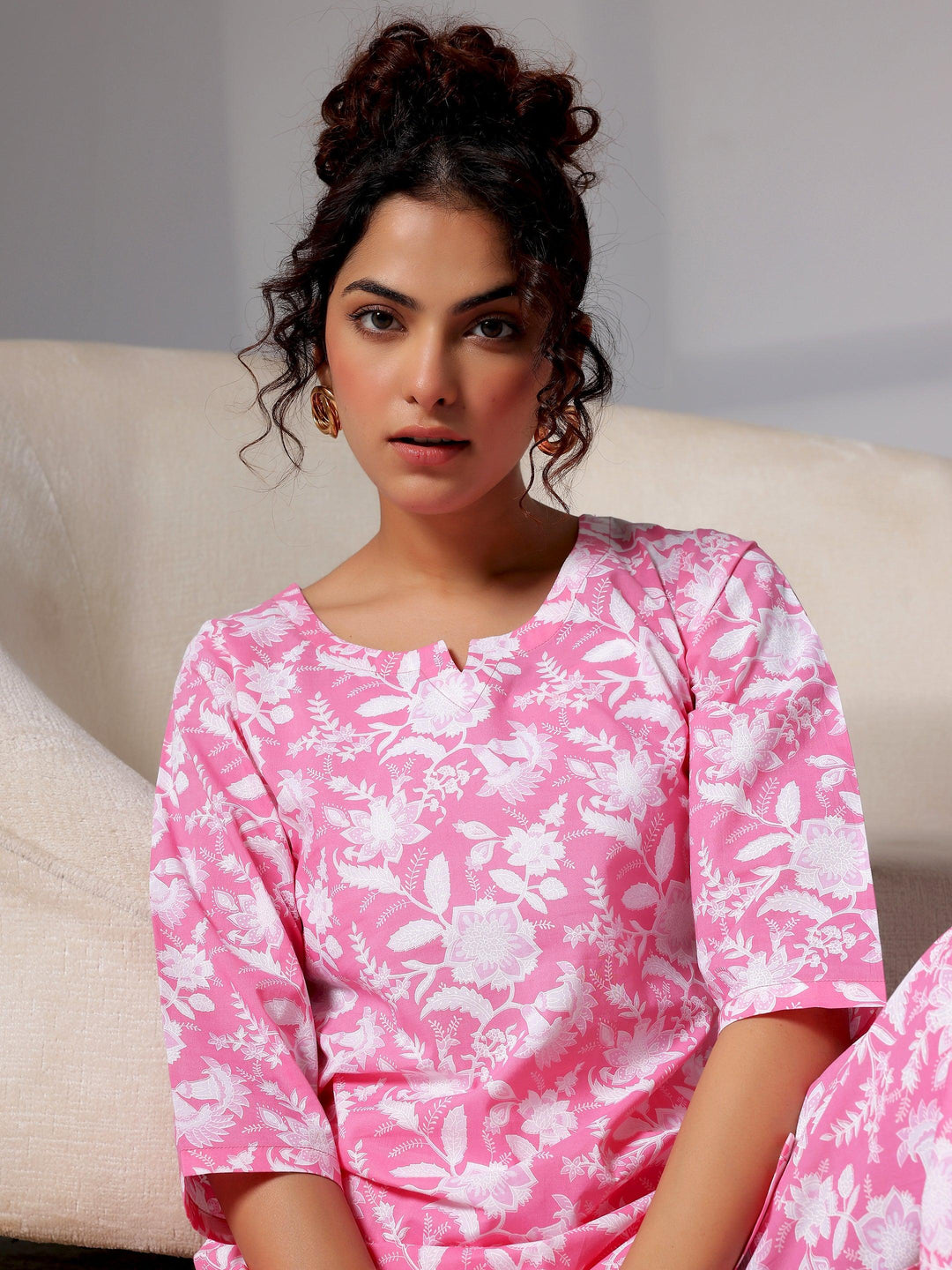 Pink Printed Cotton Night Suits - Libas