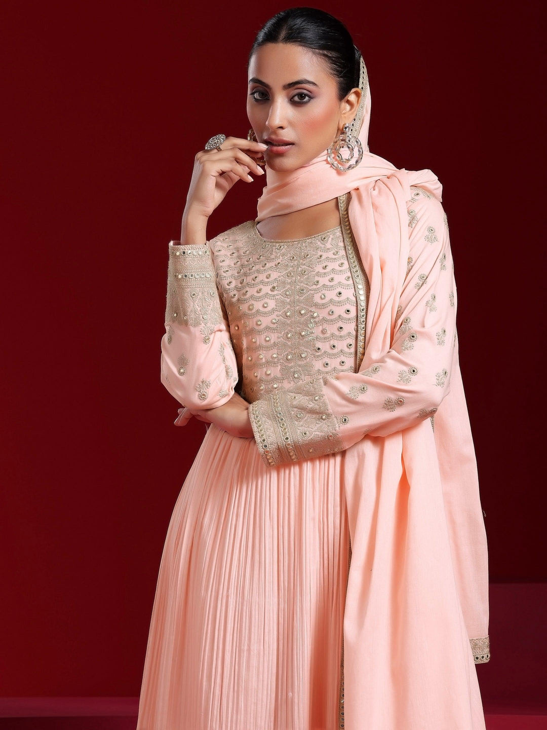 Libas Art Peach Embroidered Cotton Blend A-Line Kurta With Sharara & Dupatta - Libas 