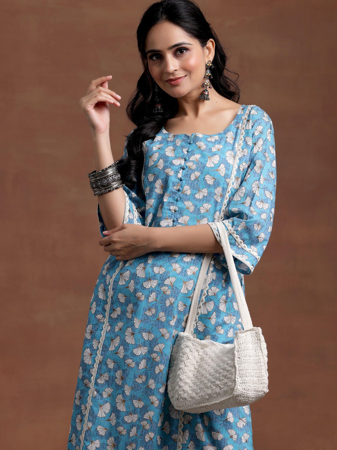 Blue Printed Cotton A-Line Kurta - Libas 