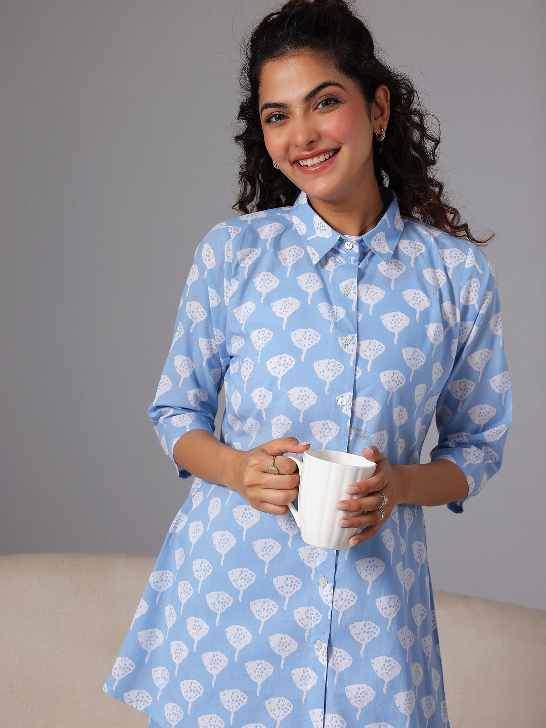 Blue Printed Cotton Night Suits - Libas 