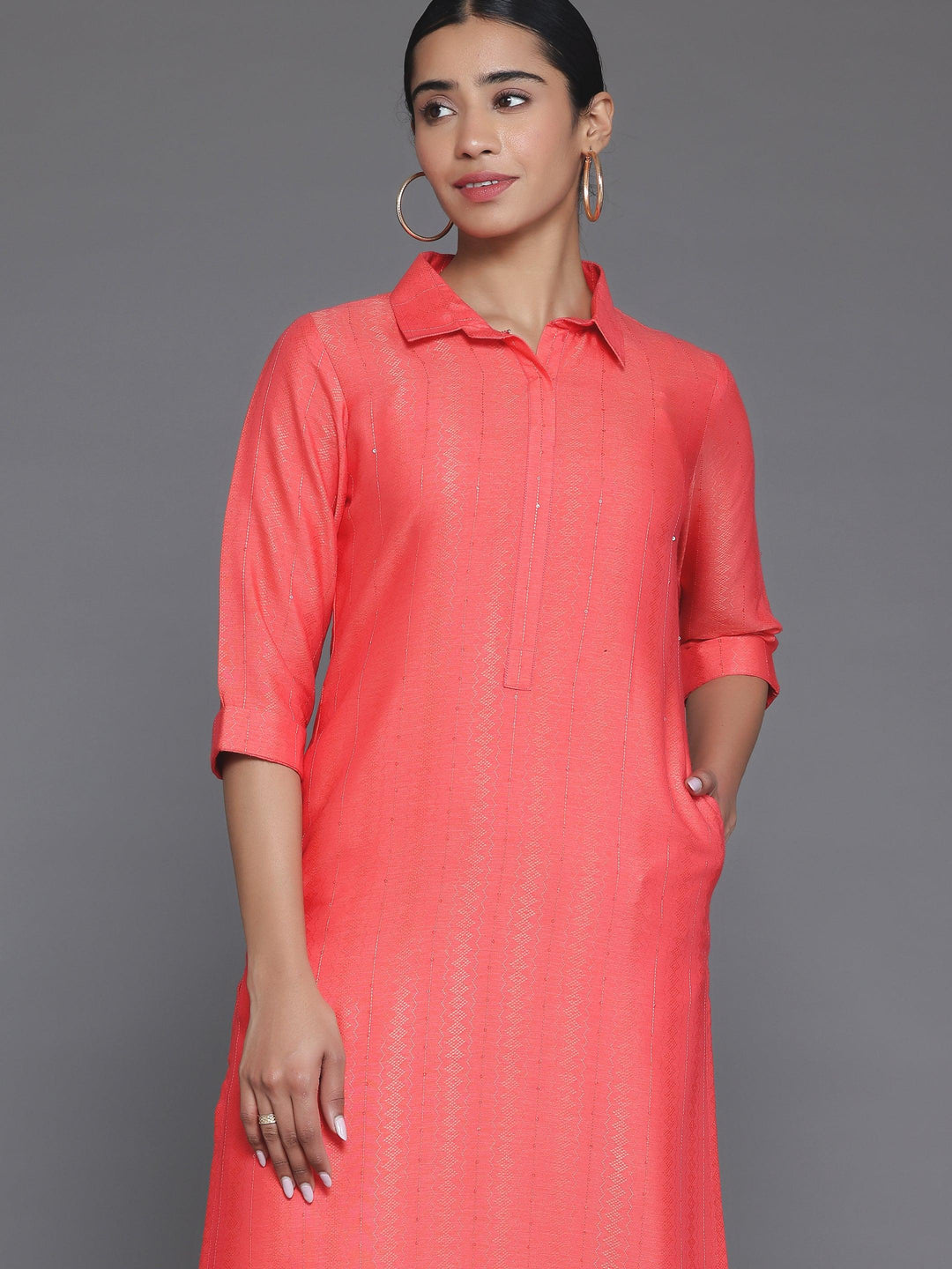 Coral Woven Design Cotton Straight Kurta - Libas