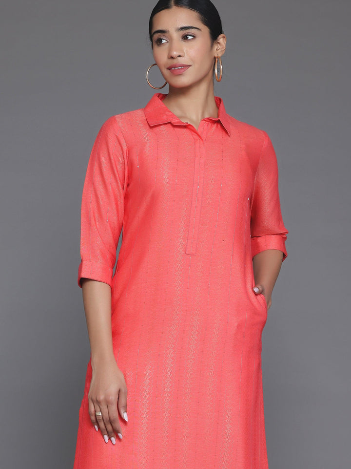 Coral Woven Design Cotton Straight Kurta - Libas