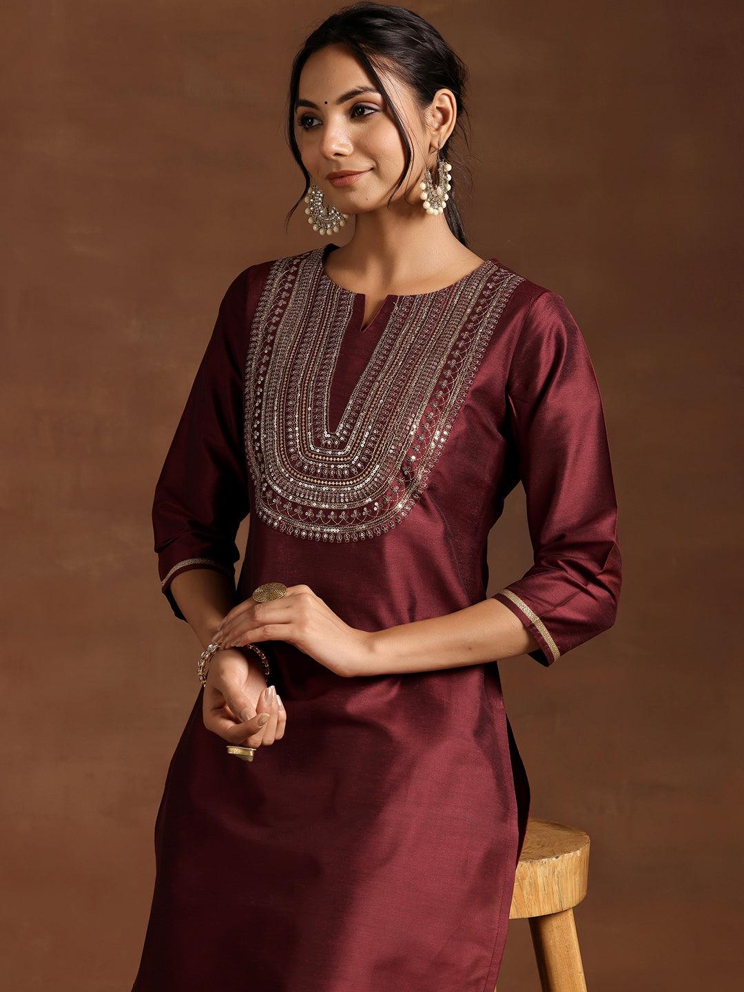 Maroon Yoke Design Silk Blend Straight Kurta Set - Libas 