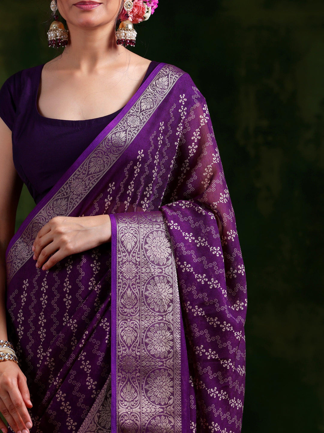 Wine Printed Silk Blend Saree With Unstitched Blouse Piece - Libas