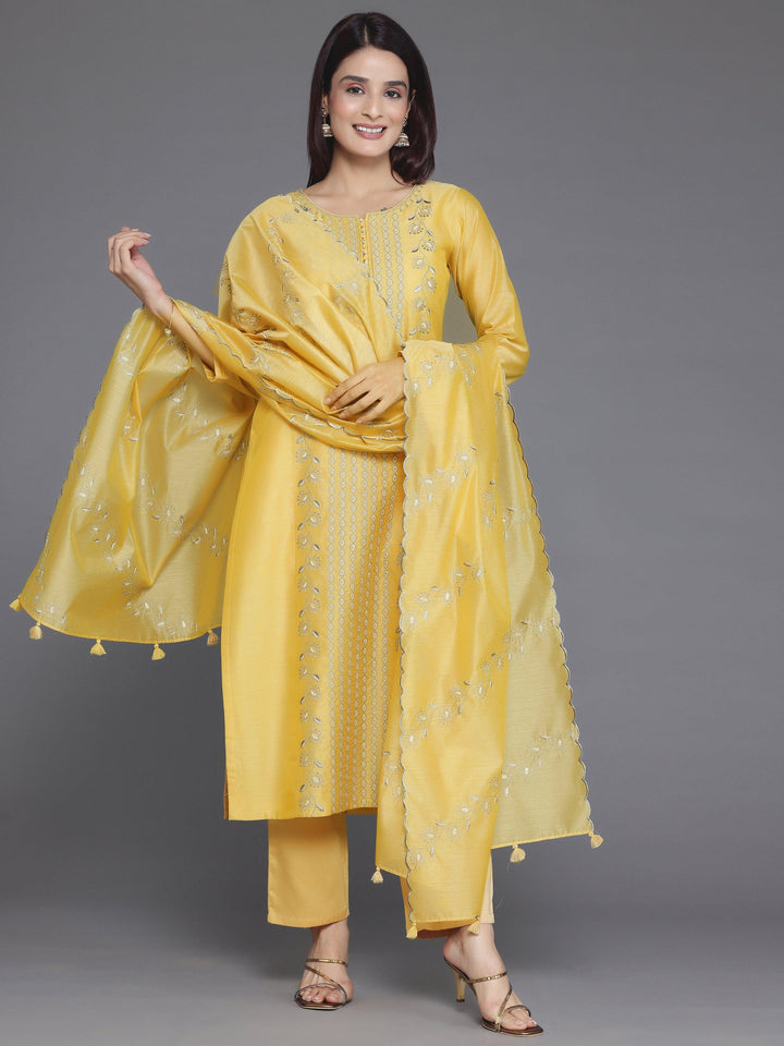 Yellow Embroidered Chanderi Silk Straight Suit With Dupatta - Libas