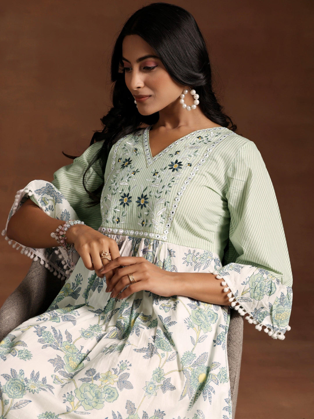 Green Printed Cotton A-Line Kurta - Libas 