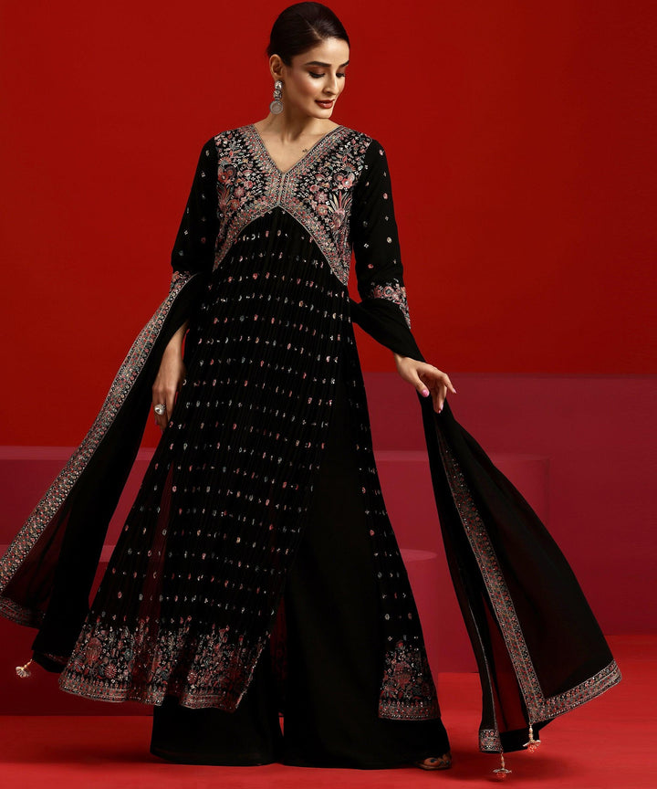 Libas Art Black Embroidered Georgette A-Line Kurta With Palazzos & Dupatta - Libas