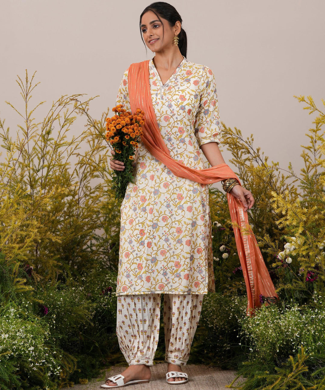 Off White Printed Cotton Straight Suit With Dupatta - Libas 