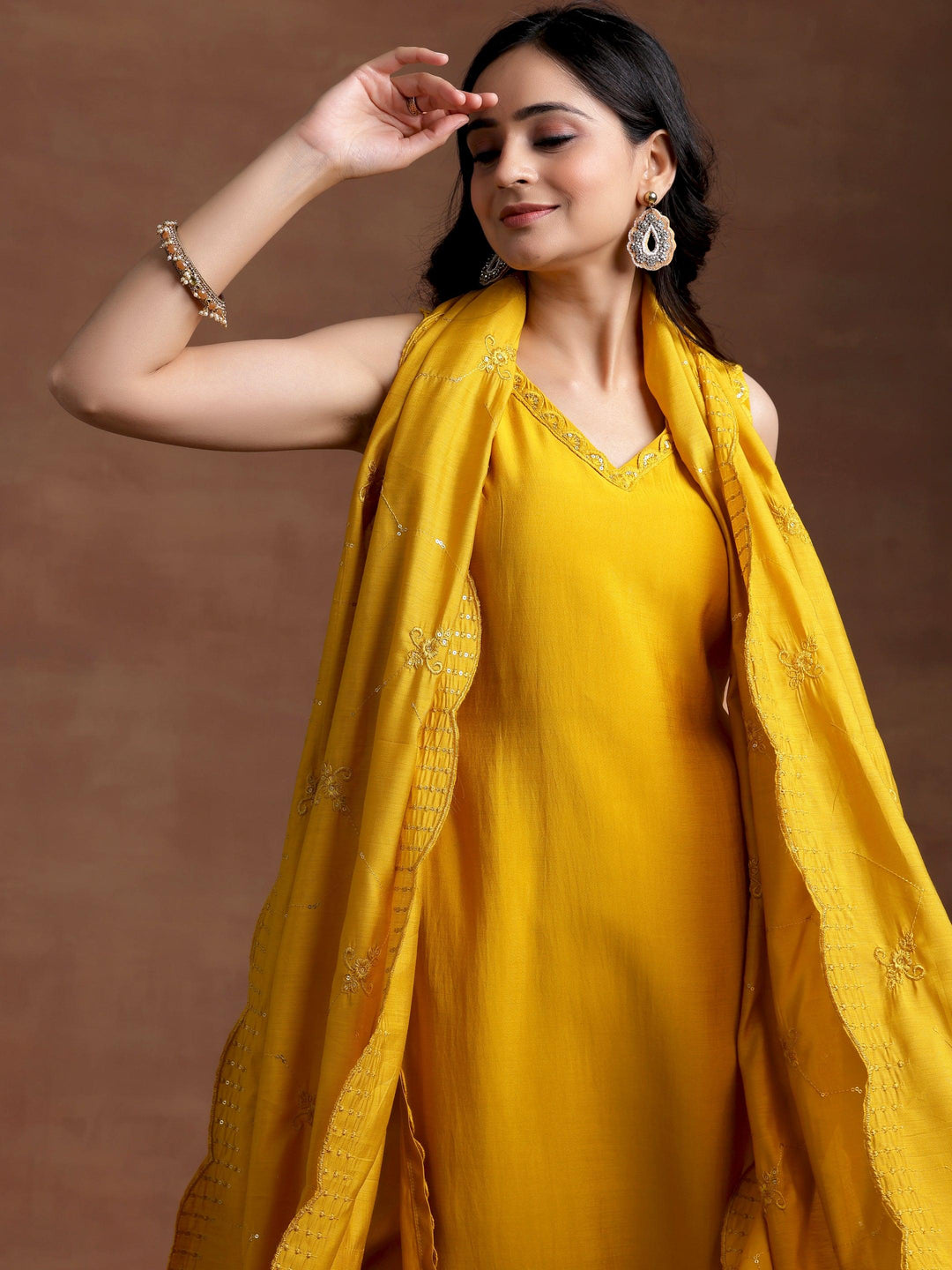 Mustard Solid Silk Blend Straight Suit With Dupatta - Libas