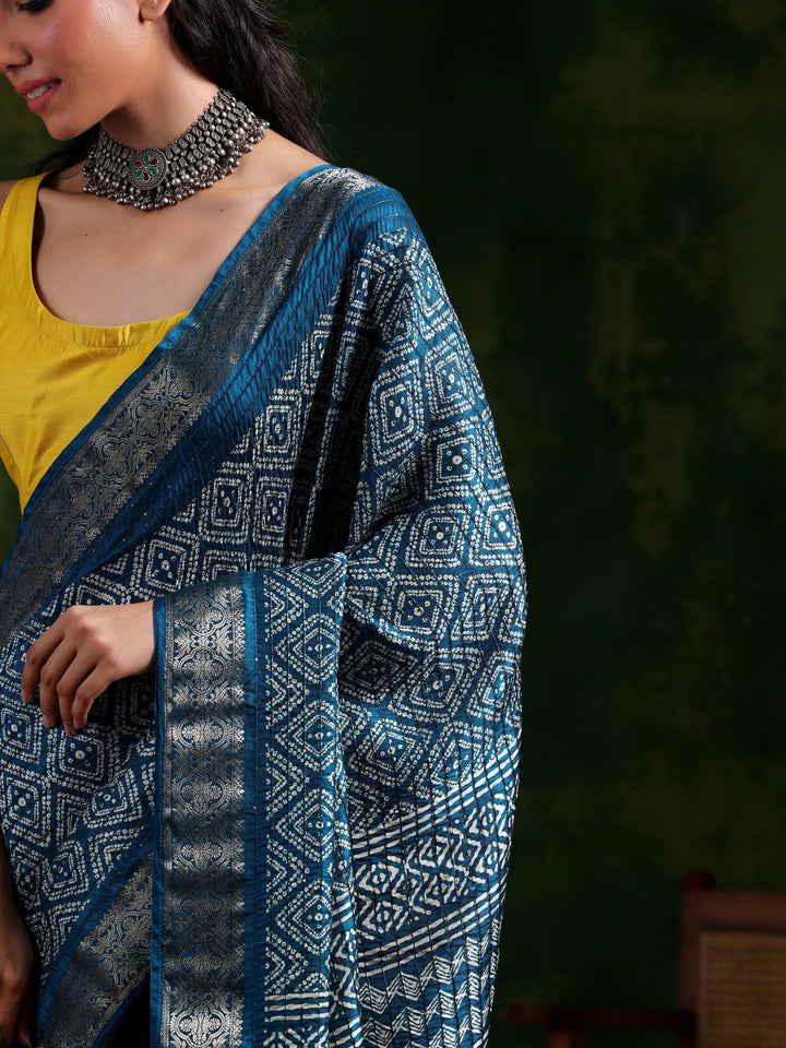 Blue Printed Silk Blend Saree With Unstitched Blouse Piece - Libas