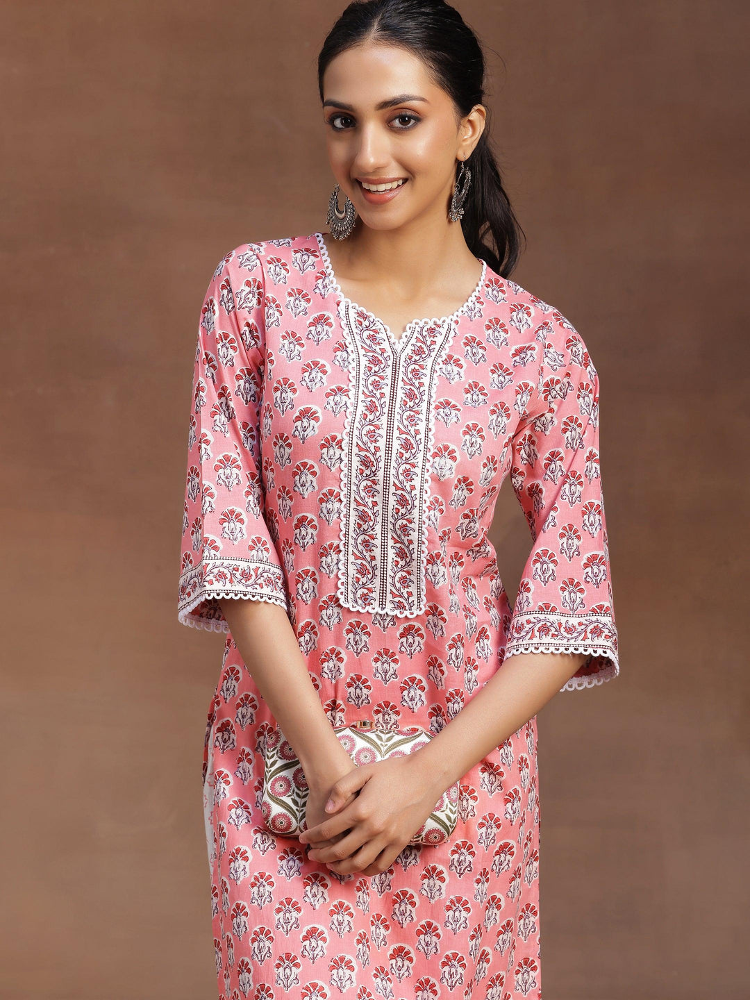 Peach Printed Cotton Straight Kurta With Palazzos - Libas 