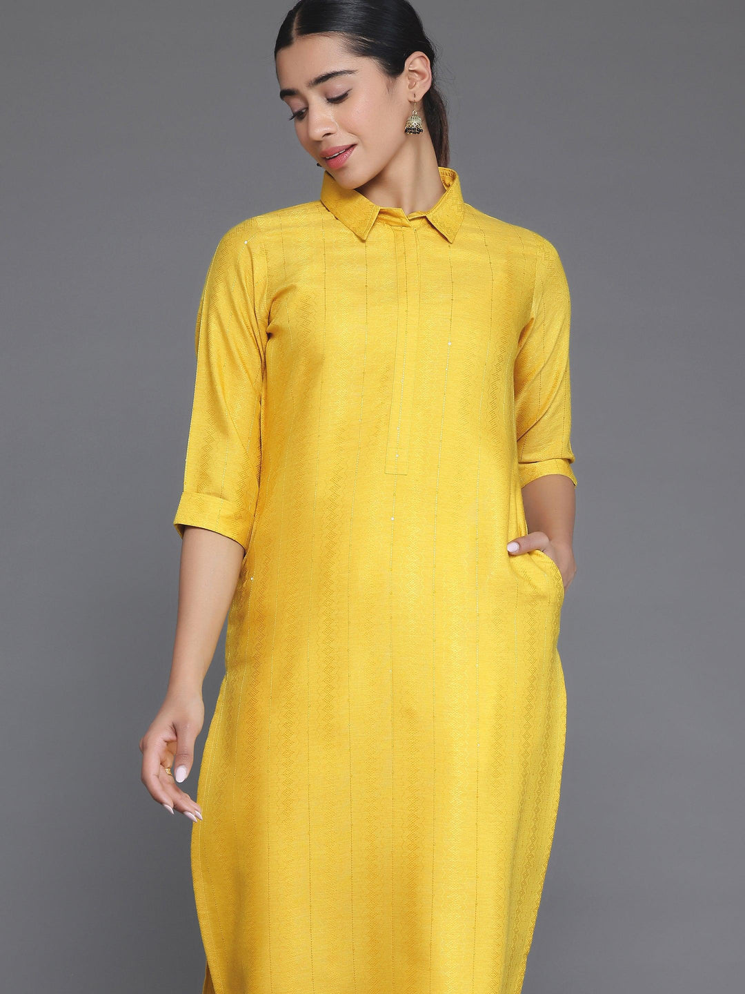 Yellow Woven Design Cotton Straight Kurta - Libas 