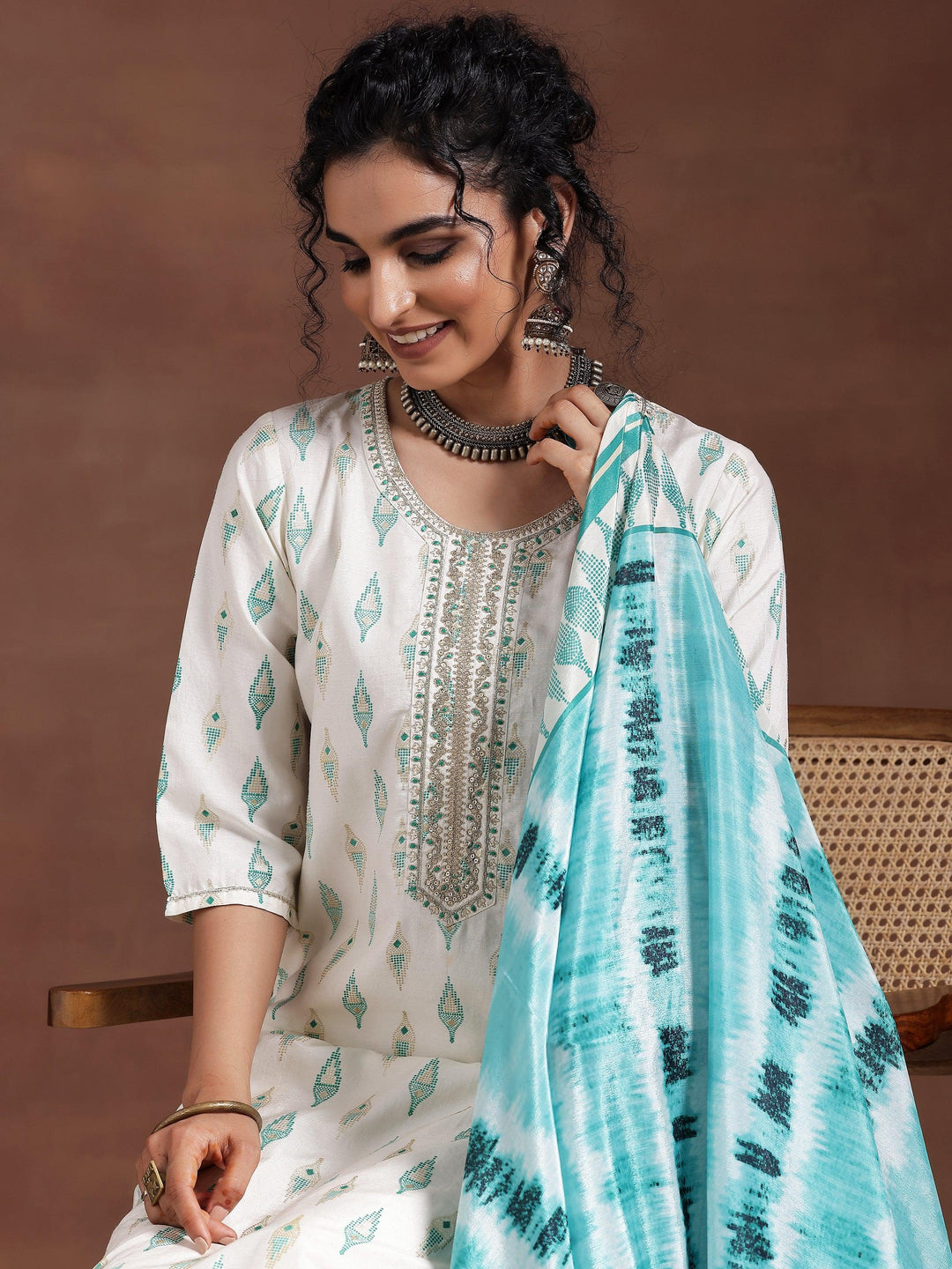 Off White Printed Silk Blend Straight Suit With Dupatta - Libas