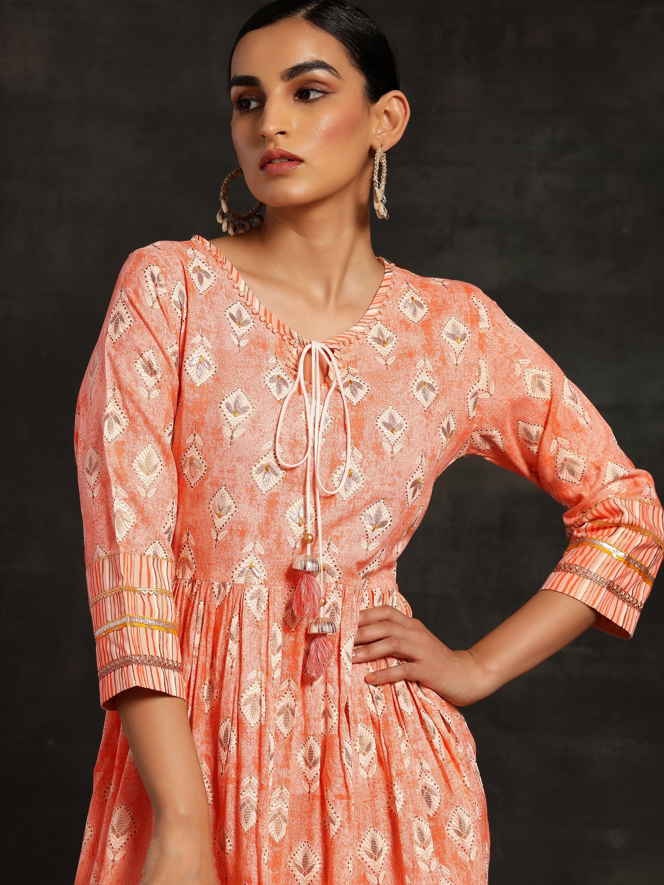 Peach Printed Cotton Fit and Flare Dress