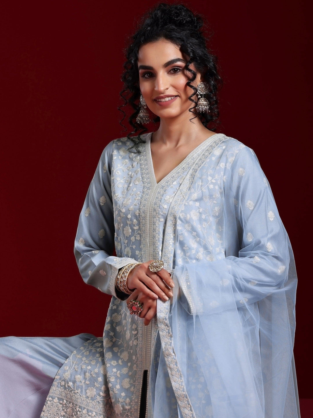 Libas Art Grey Embroidered Silk Blend Straight Suit With Dupatta - Libas 