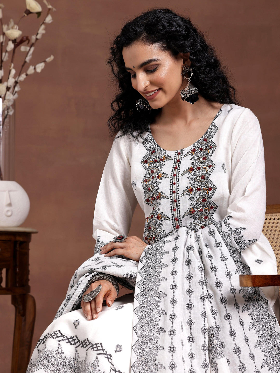 White Woven Design Linen Straight Suit With Dupatta - Libas 