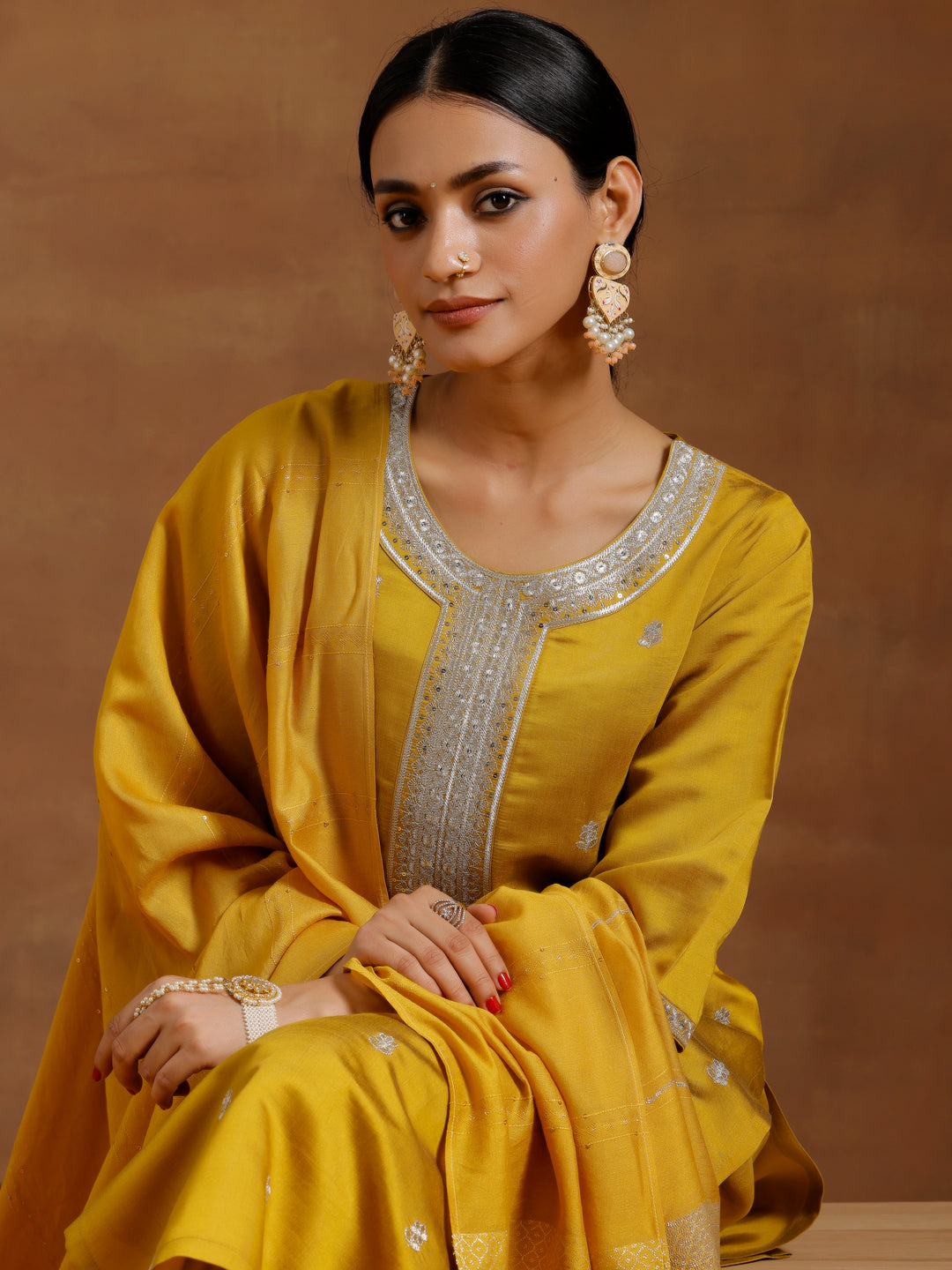  Mustard Embroidered Silk Blend Straight Suit With Dupatta 