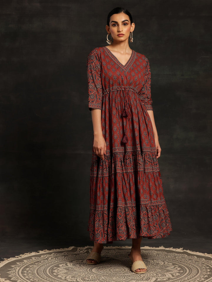 Maroon Printed Cotton A-Line Dress - Libas