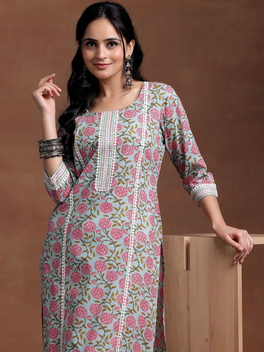 Blue Printed Cotton Straight Kurta - Libas 