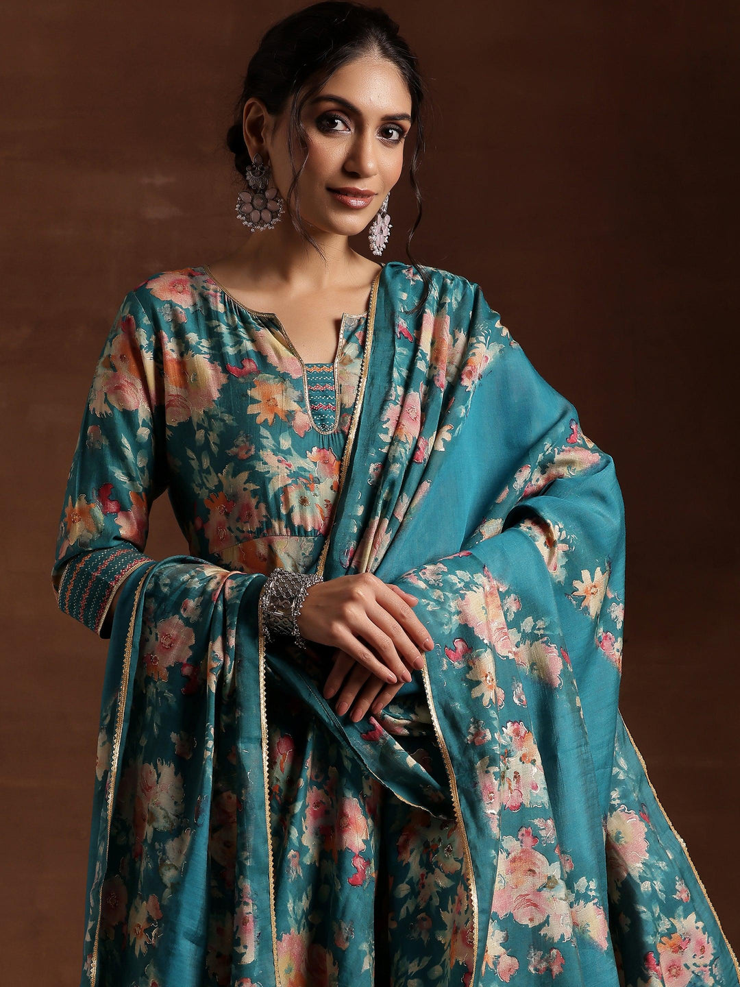 Blue Printed Silk Blend Anarkali Suit With Dupatta - Libas 