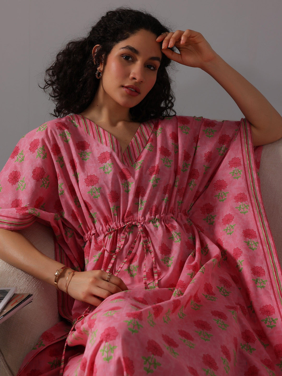 Pink Printed Cotton Kaftan Night Dress - Libas 