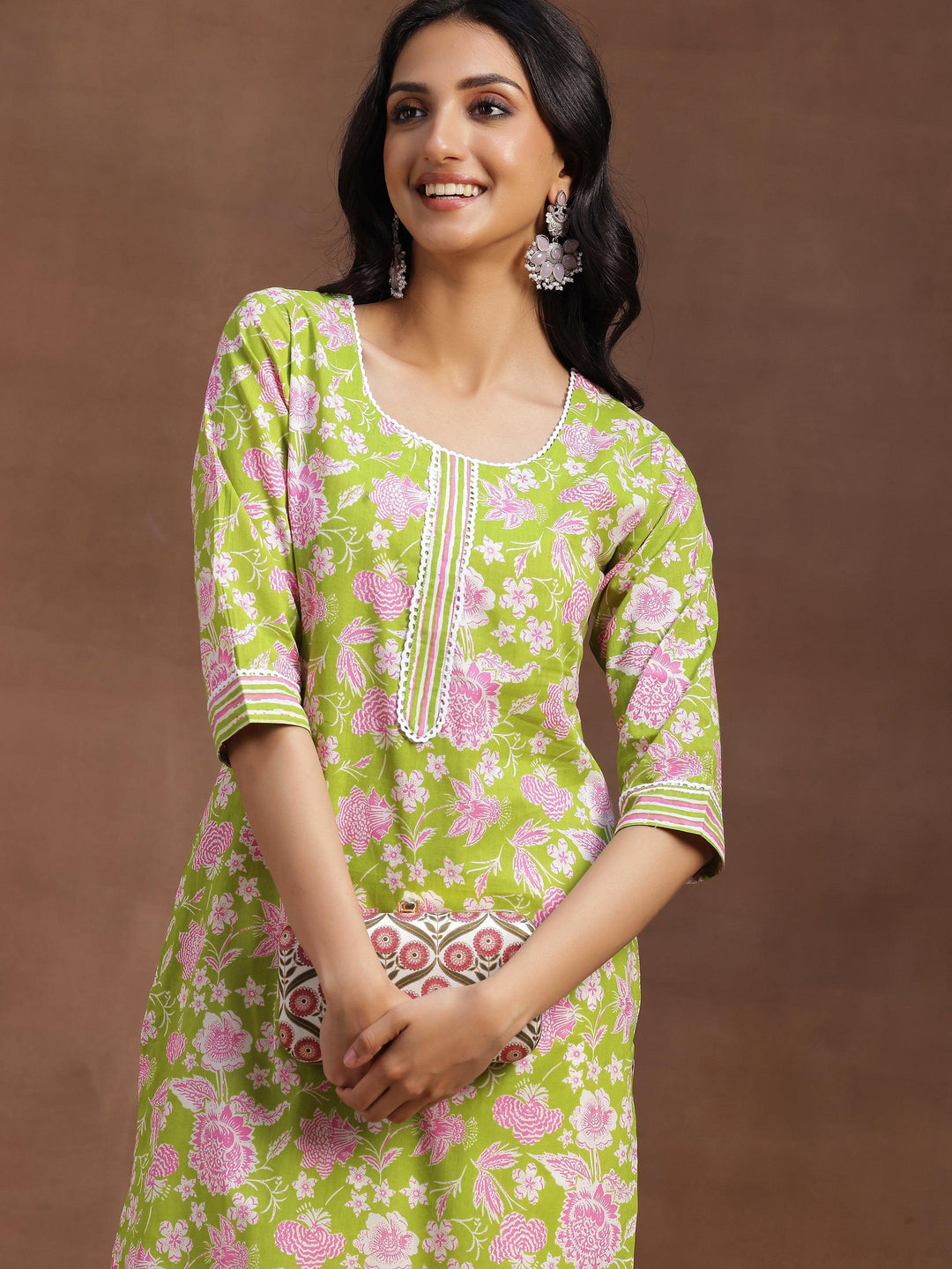 Green Printed Cotton Straight Kurta - Libas 