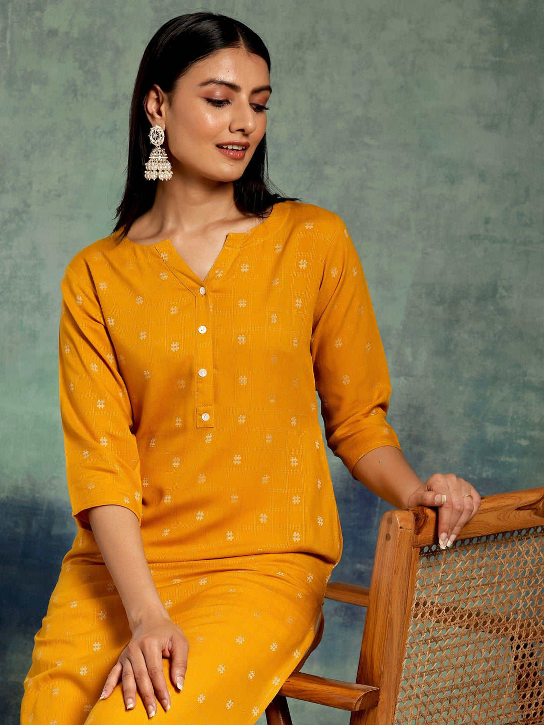 Mustard Woven Design Rayon Straight Kurta - Libas 