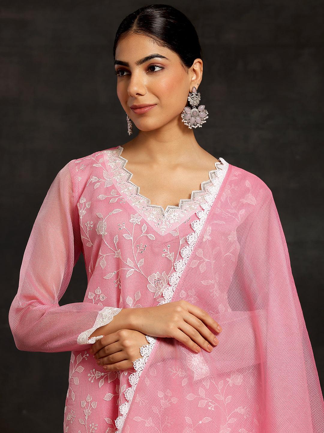 Pink Embroidered Cotton Straight Suit With Dupatta - Libas 