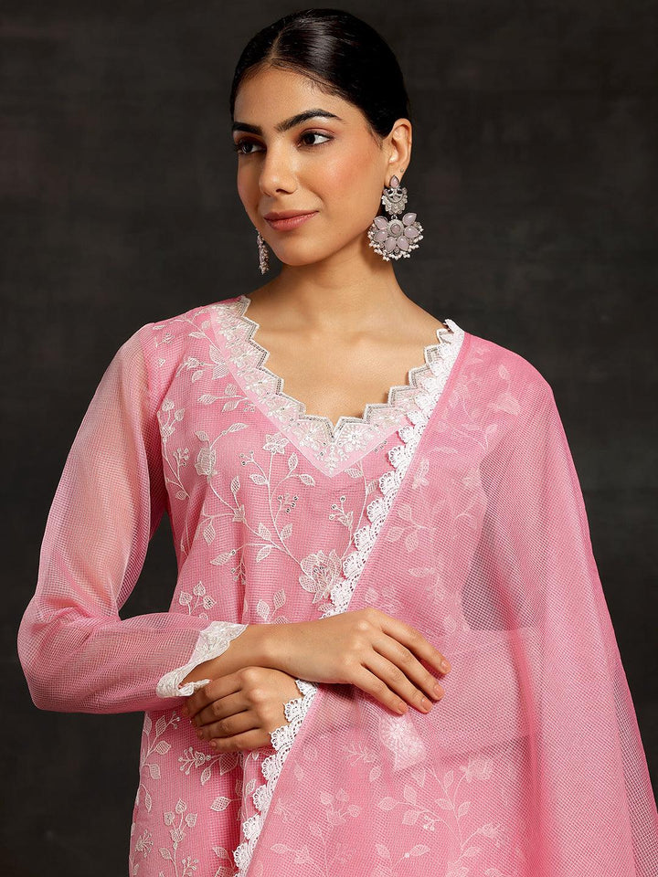 Pink Embroidered Cotton Straight Suit With Dupatta - Libas