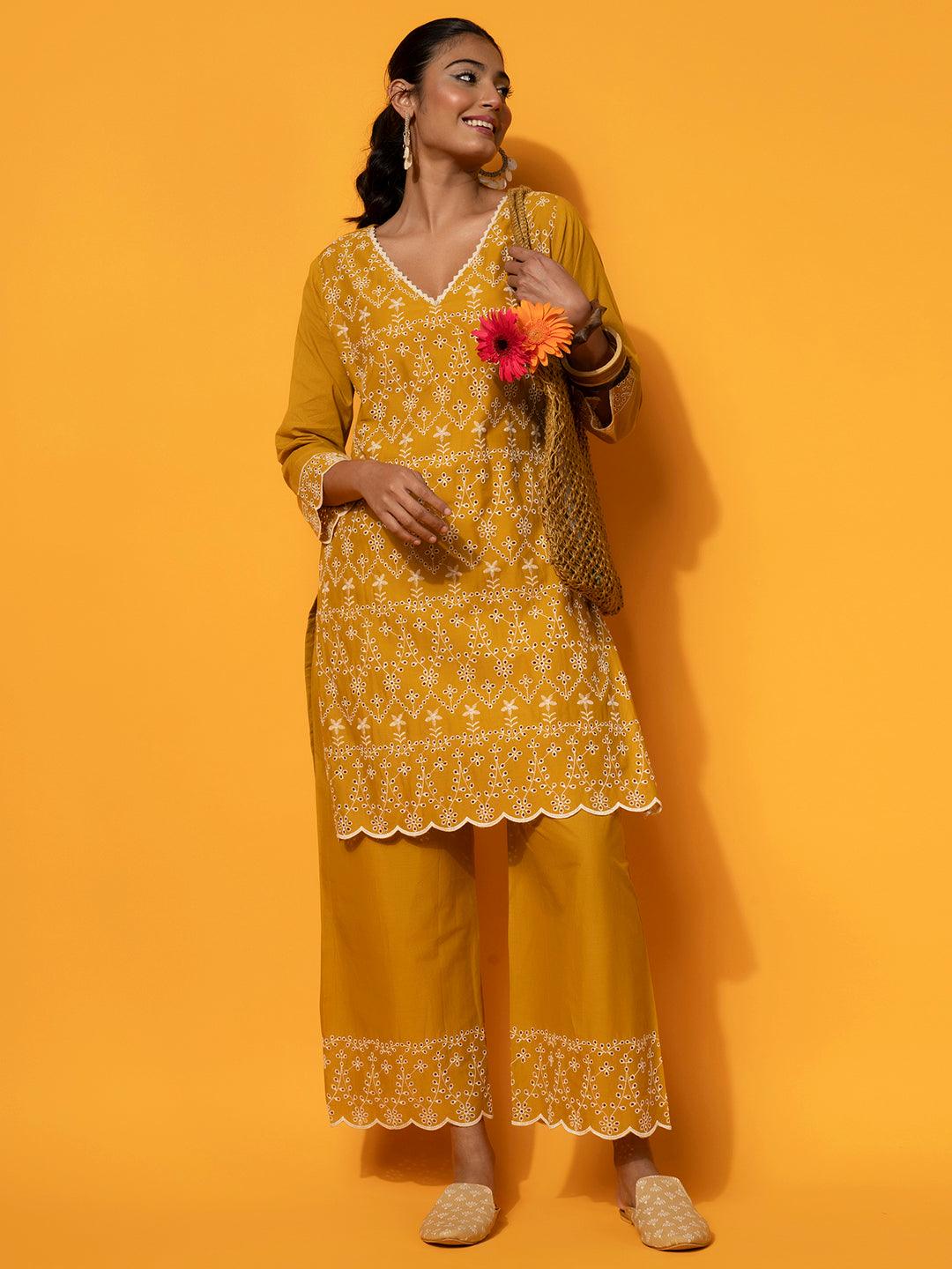 Mustard Embroidered Cotton Co-Ords - Libas 