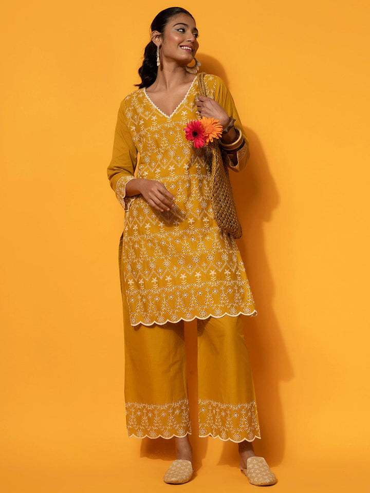 Mustard Embroidered Cotton Co-Ords - Libas