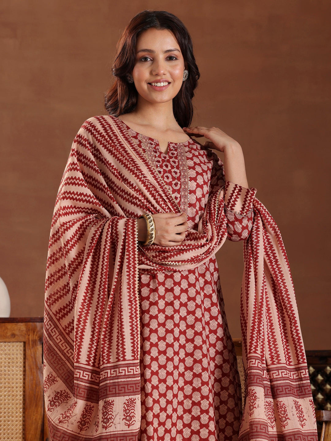 Maroon Printed Cotton Straight Suit With Dupatta - Libas