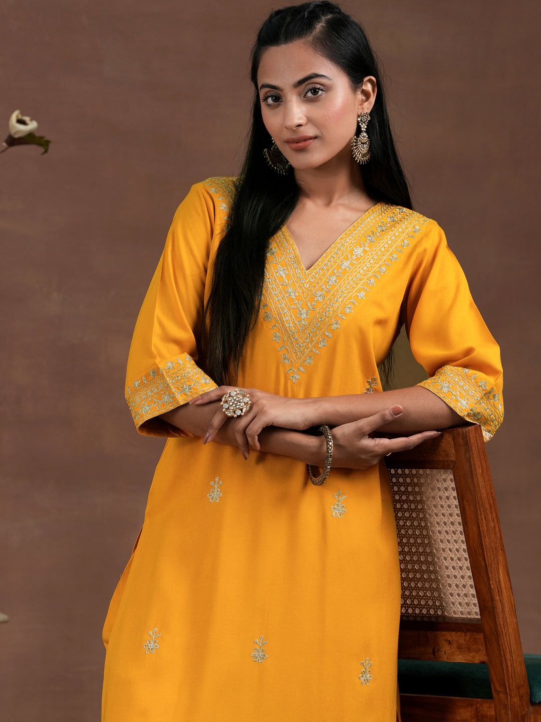  Yellow Embroidered Rayon Straight Kurta Set 