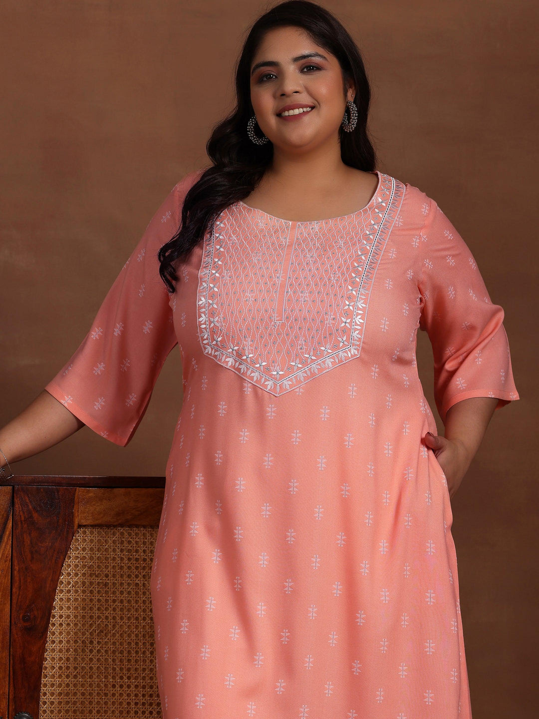 Plus Size Peach Woven Design Rayon Straight Kurta - Libas 