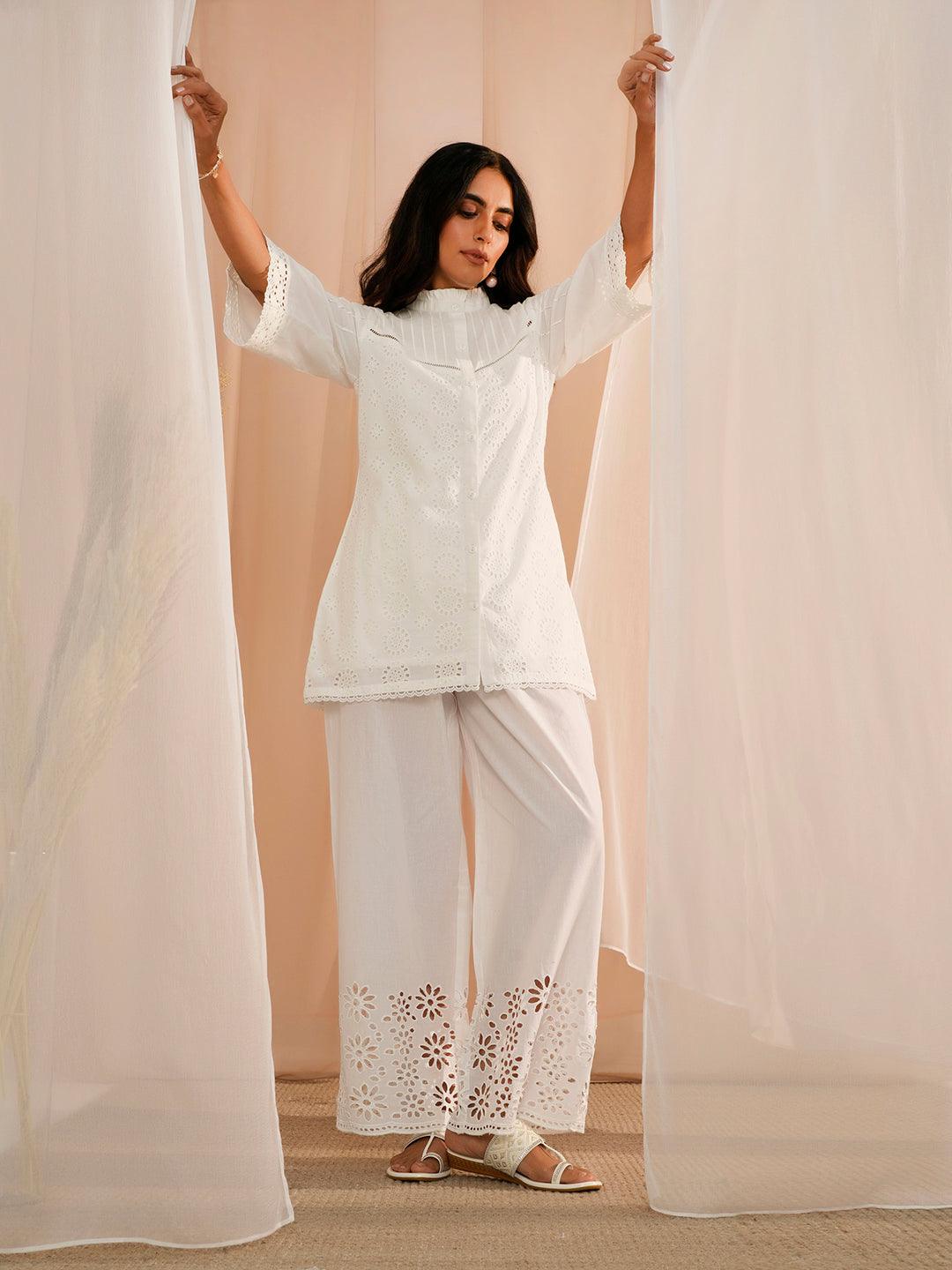 White Embroidered Cotton Straight Kurti - Libas