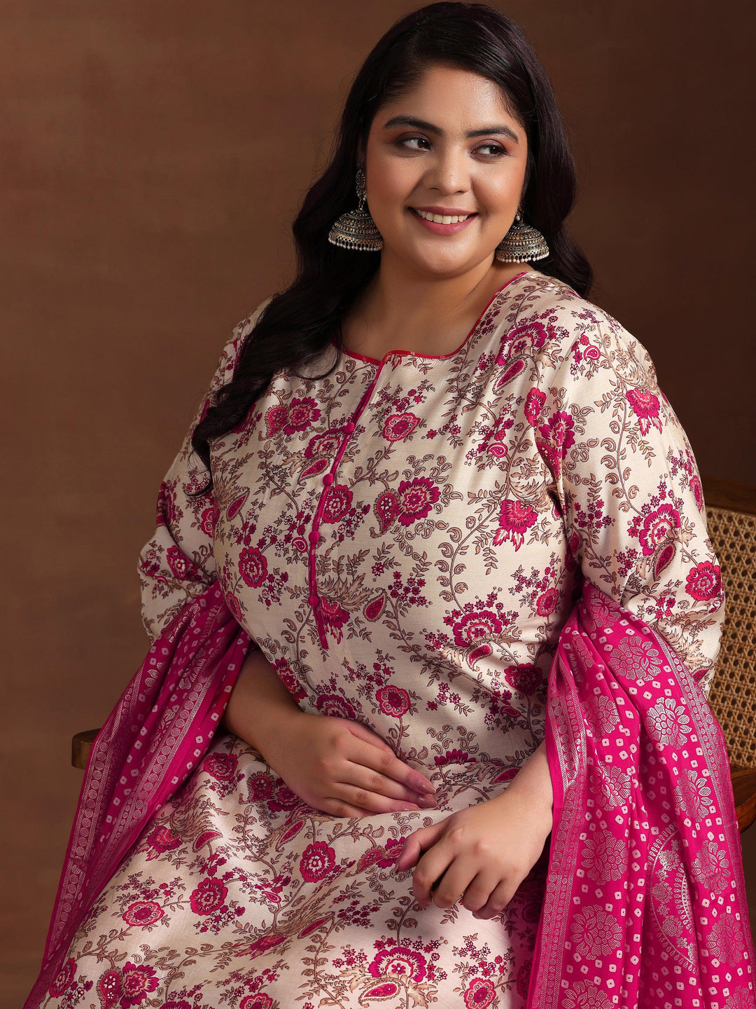 Plus Size Pink Printed Silk Blend Straight Suit With Dupatta - Libas 