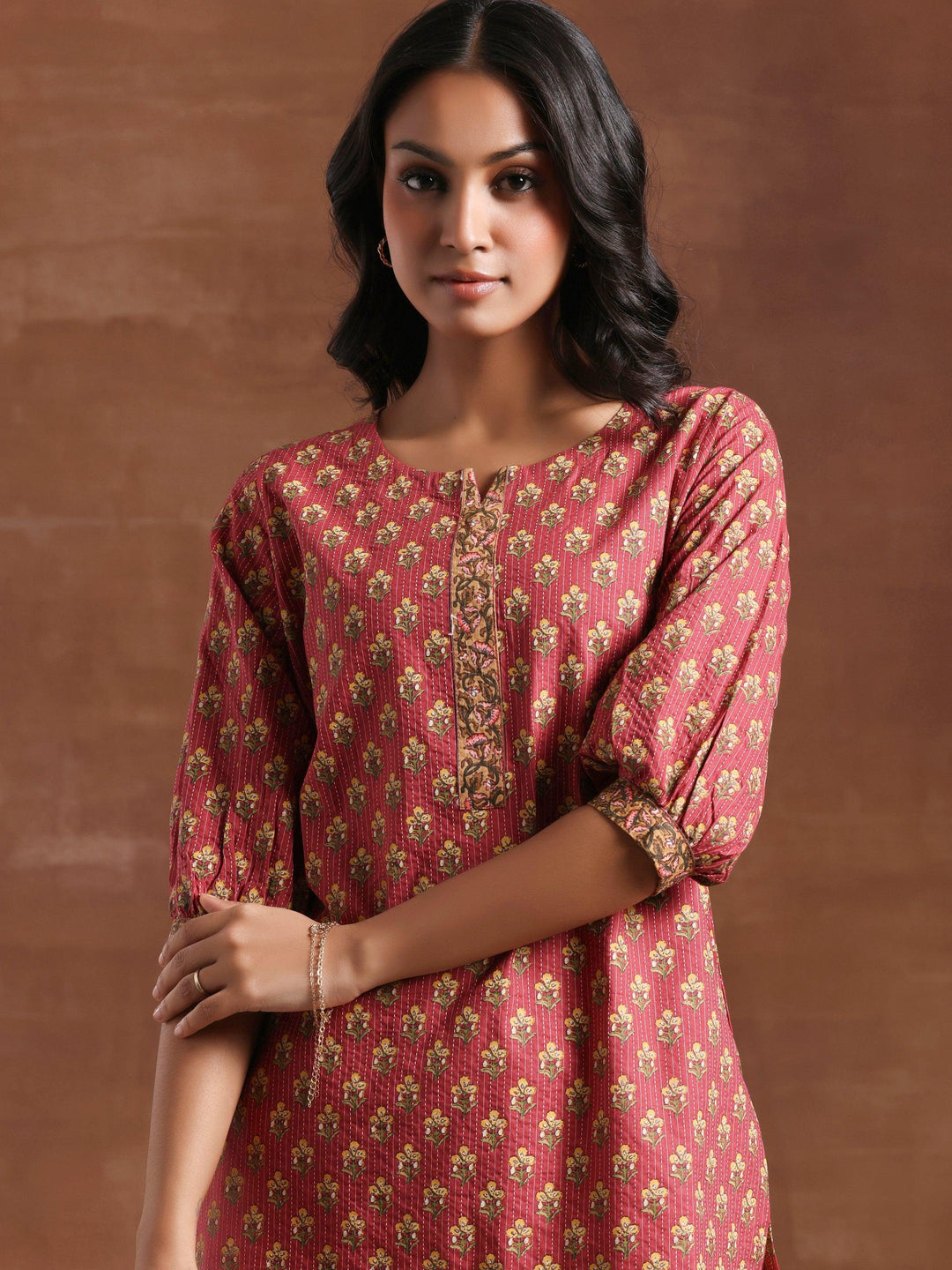 Pink Printed Cotton Straight Kurti - Libas 