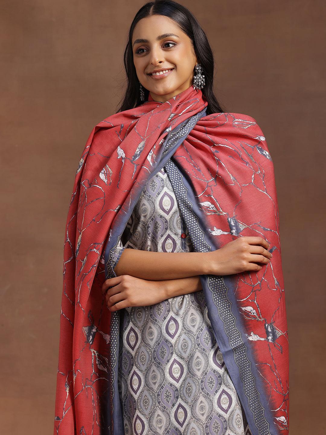 Grey Printed Silk Blend Straight Suit With Dupatta - Libas 