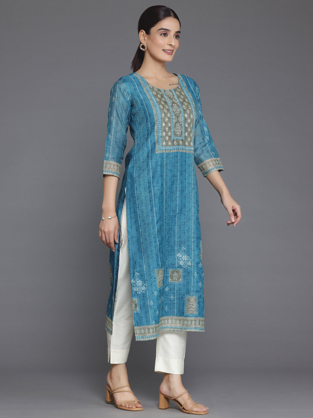 Blue Embellished Chanderi Silk Straight Kurta - Libas 