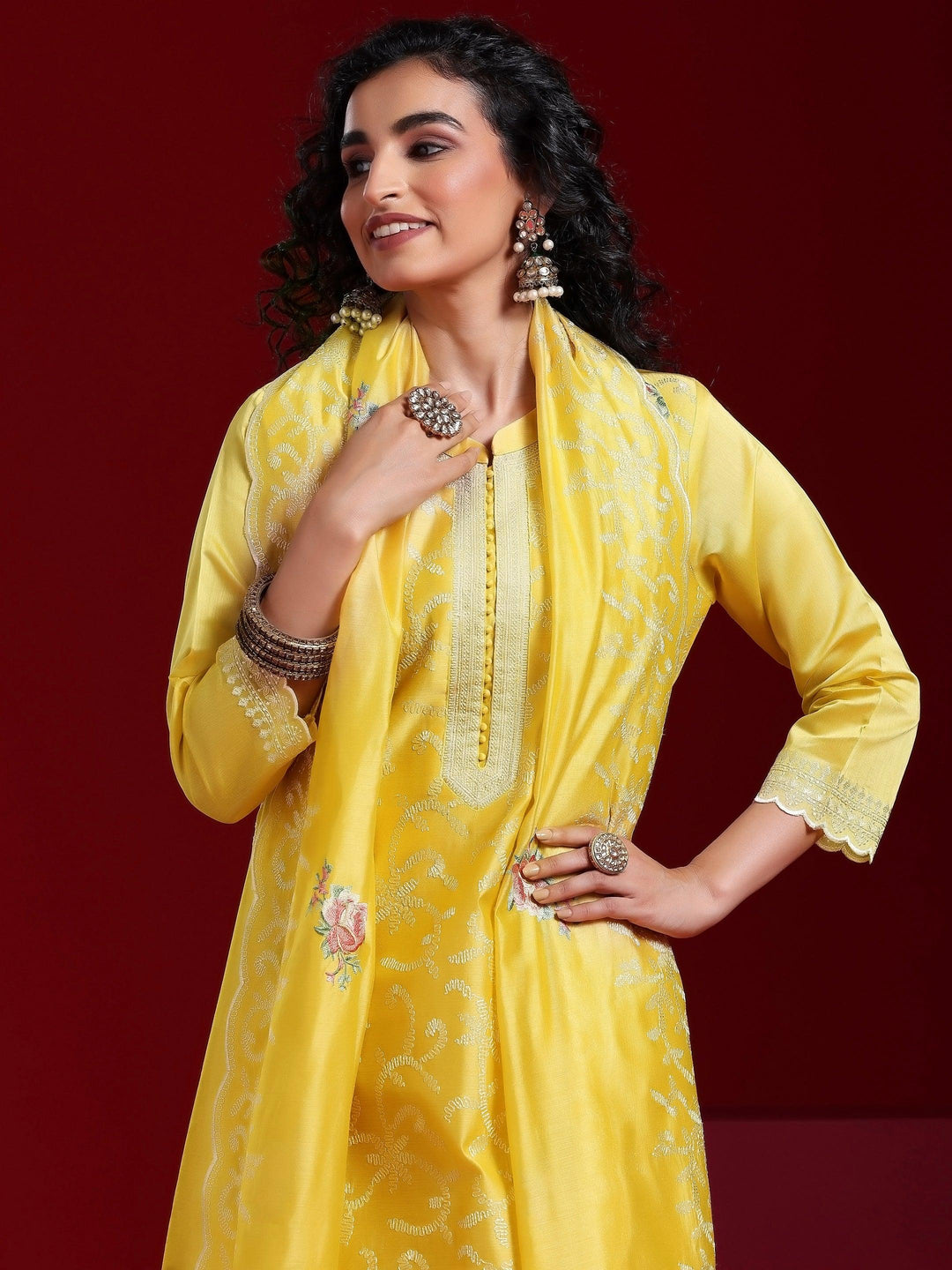 Libas Art Yellow Embroidered Chanderi Silk Straight Suit With Dupatta - Libas 