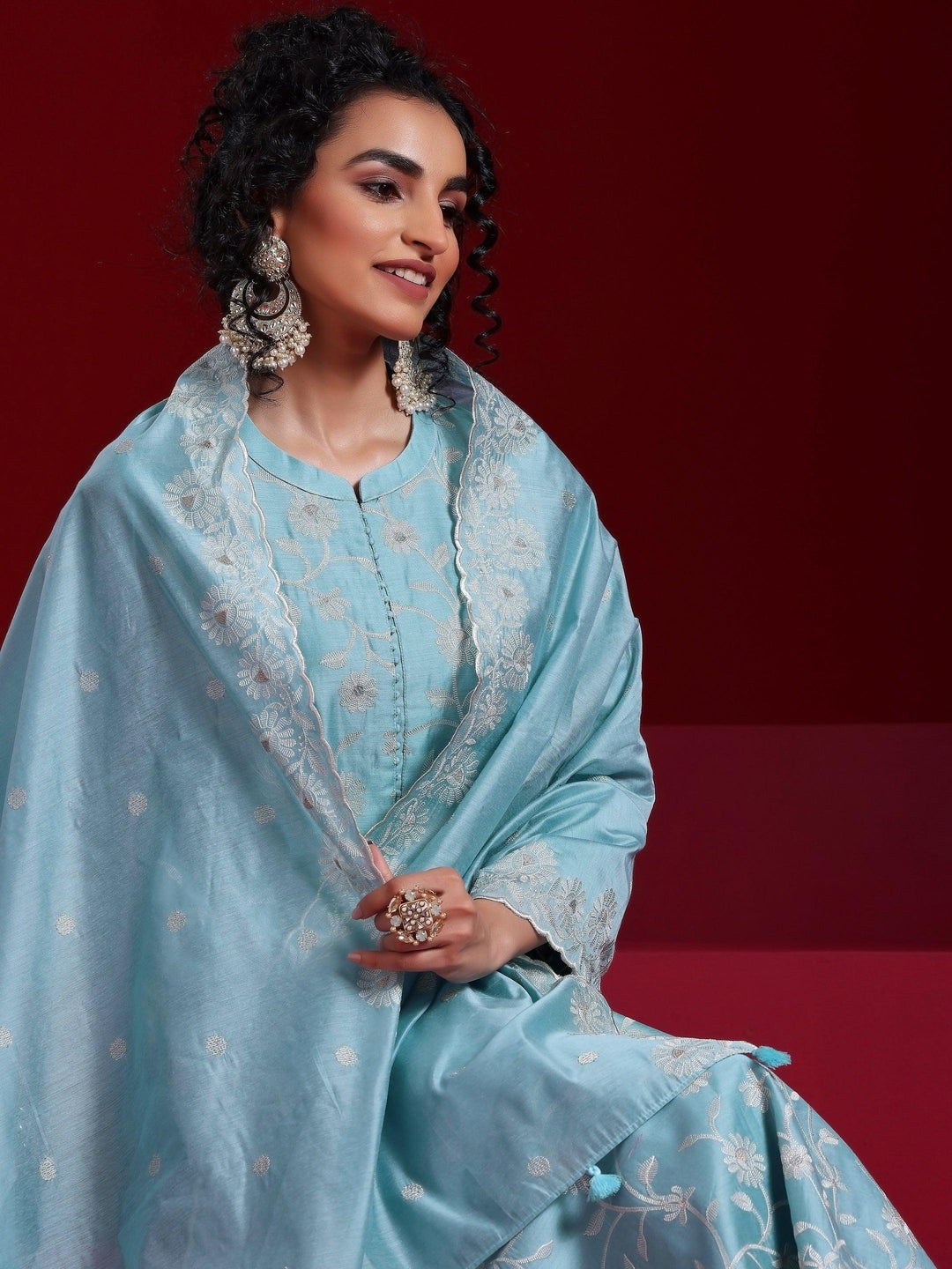 Libas Art Blue Embroidered Chanderi Silk Straight Suit With Dupatta - Libas 