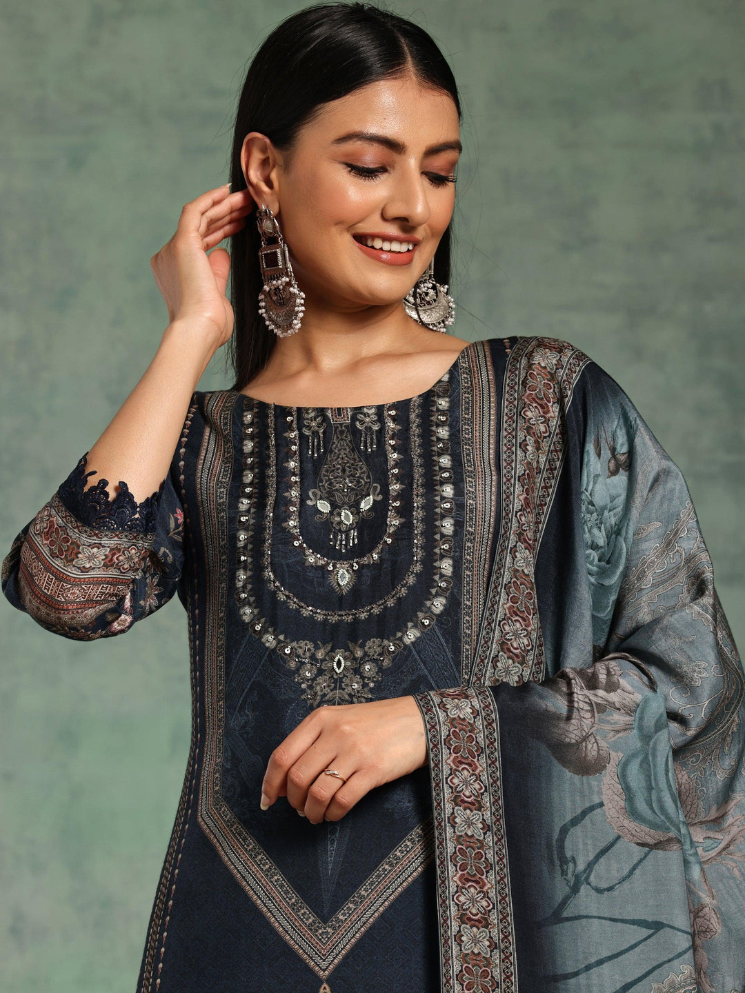 Blue Printed Silk Blend Straight Suit With Dupatta - Libas