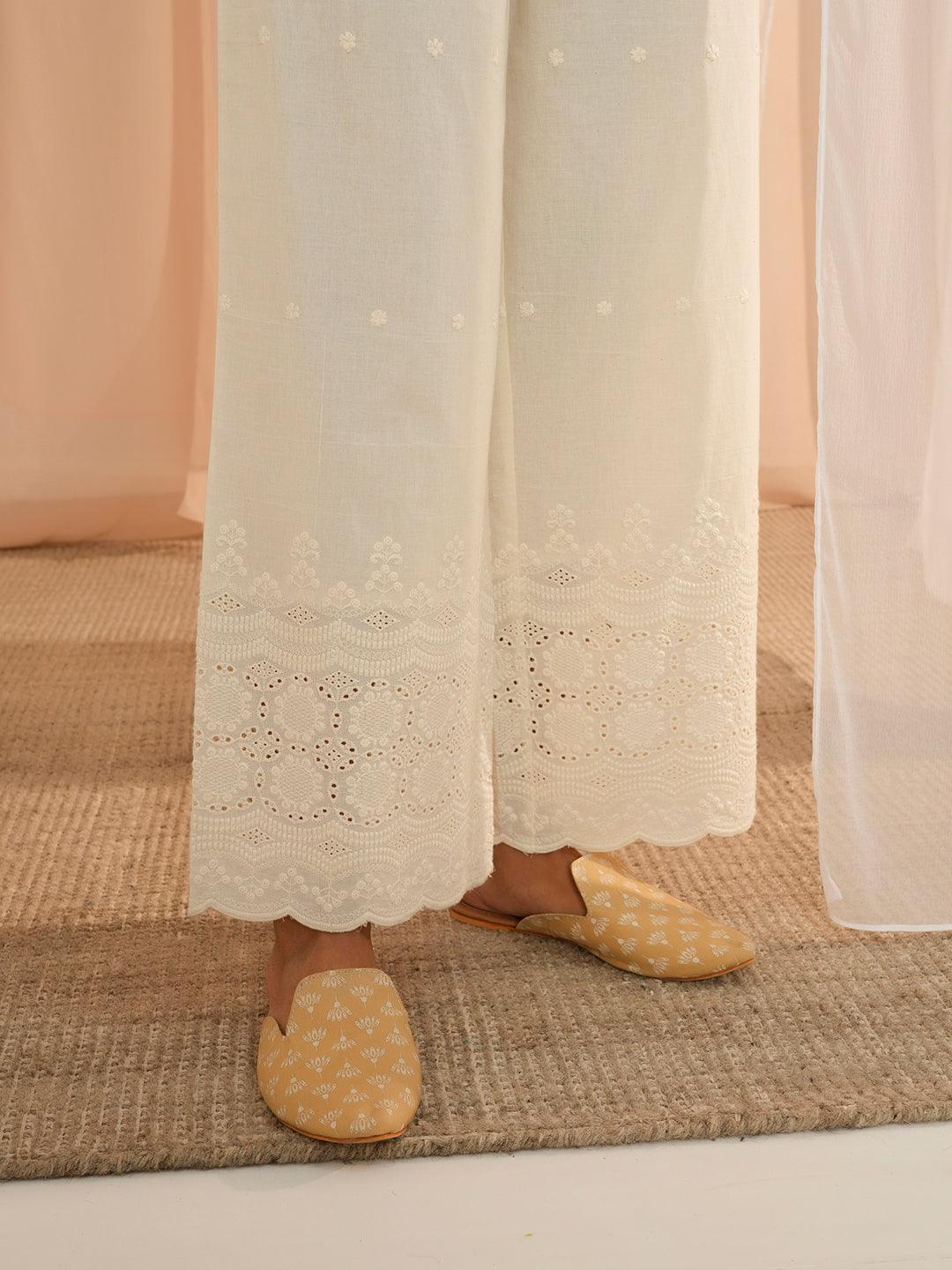 Off White Embroidered Cotton Wide Leg Palazzos - Libas 